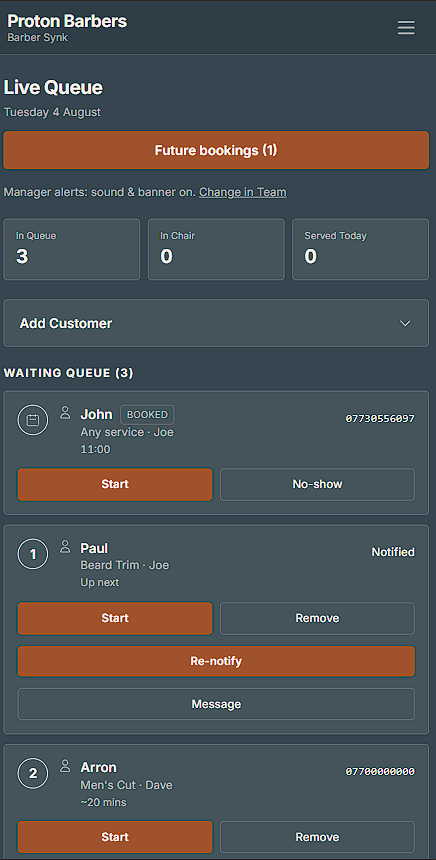 BarberSynk live queue with a booked appointment shown next to walk-in customers